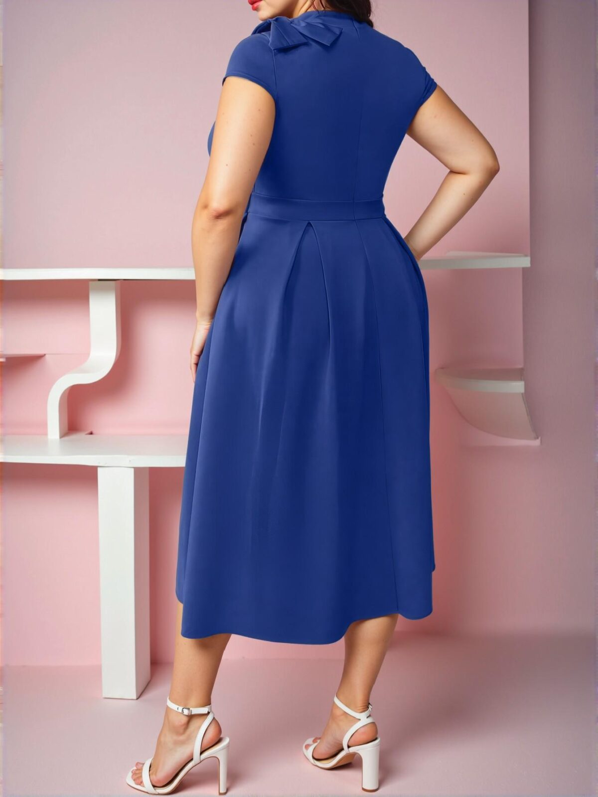 Elegant Blue A-Line Knitted Maxi Dress with Bowknot Shoulder and Stand Collar for Plus Size Women - Chic, Classy and Trendy Fashion Style to Dress to Impress - Image 2