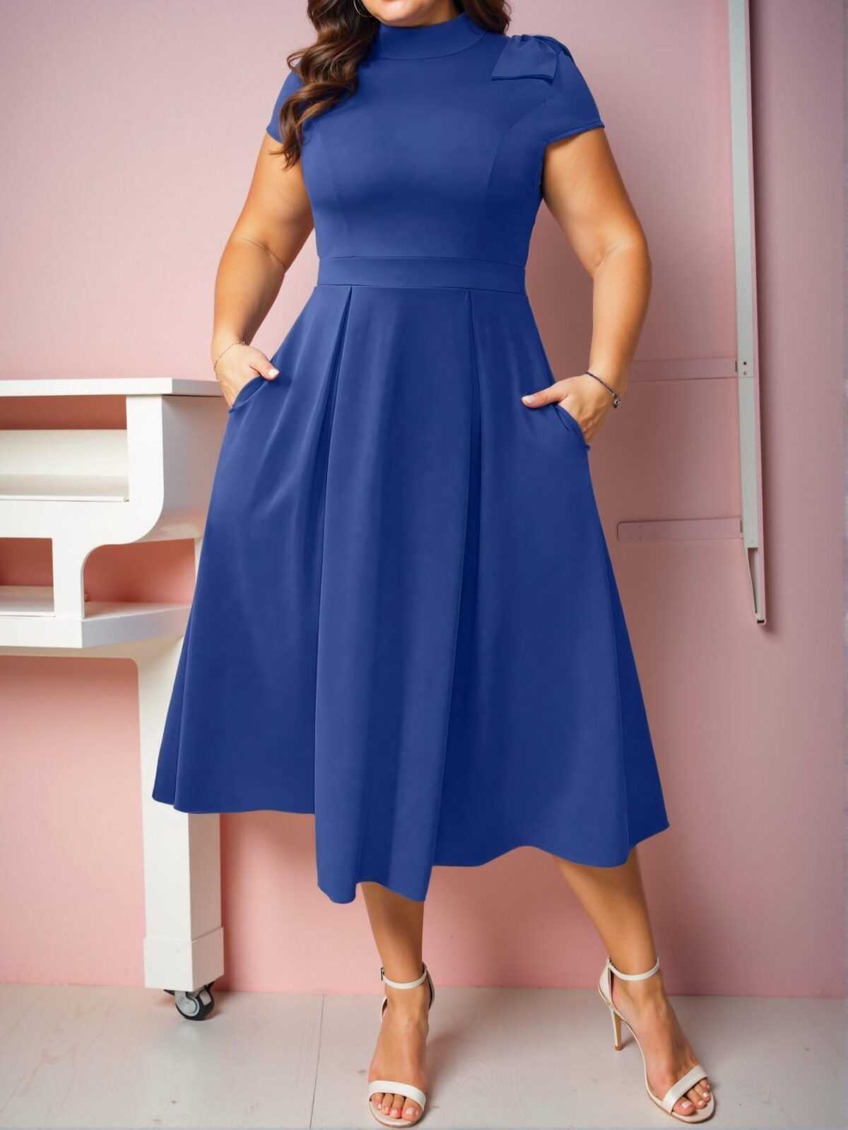 Elegant Blue A-Line Knitted Maxi Dress with Bowknot Shoulder and Stand Collar for Plus Size Women - Chic, Classy and Trendy Fashion Style to Dress to Impress - Image 4
