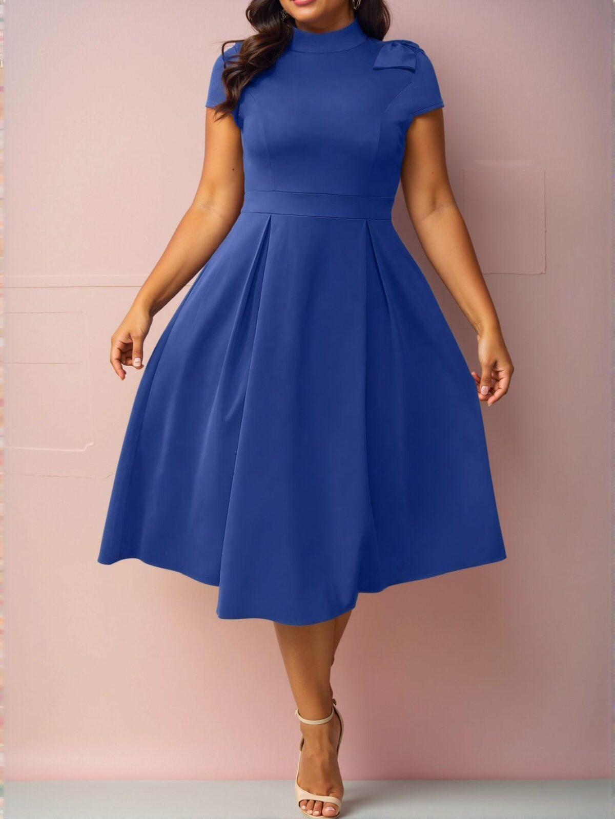 Elegant Blue A-Line Knitted Maxi Dress with Bowknot Shoulder and Stand Collar for Plus Size Women - Chic, Classy and Trendy Fashion Style to Dress to Impress - Image 5