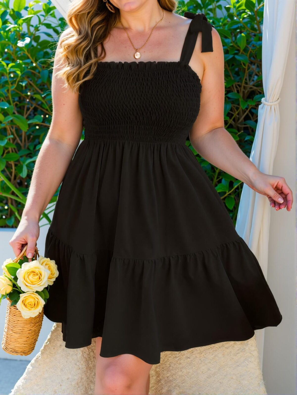 Elegant Black Flounce Hem Cami Dress with Tie Shoulder Details - Chic, Classy and Trendy Fashion Style to Dress to Impress