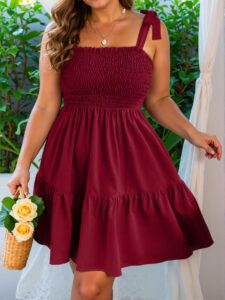 Elegant Burgundy Flounce Hem Tie-Up Strap Cami Dress for Plus Size Fashionistas - Chic, Classy and Trendy Style to Dress to Impress