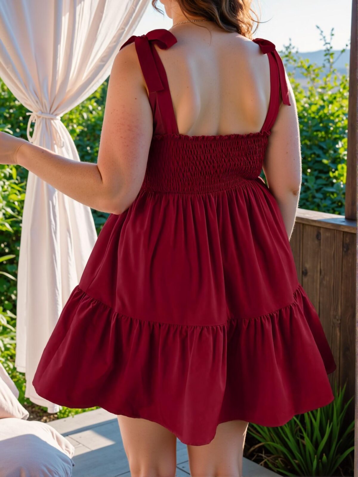 Elegant Burgundy Flounce Hem Tie-Up Strap Cami Dress for Plus Size Fashionistas - Chic, Classy and Trendy Style to Dress to Impress - Image 2