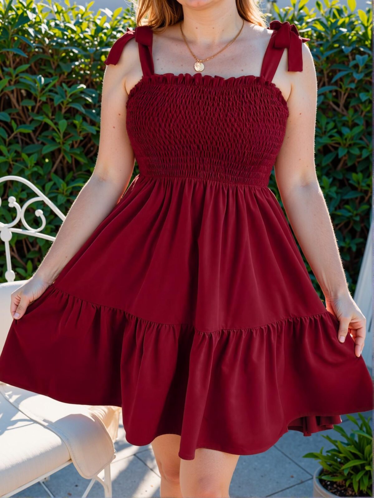 Elegant Burgundy Flounce Hem Tie-Up Strap Cami Dress for Plus Size Fashionistas - Chic, Classy and Trendy Style to Dress to Impress - Image 3