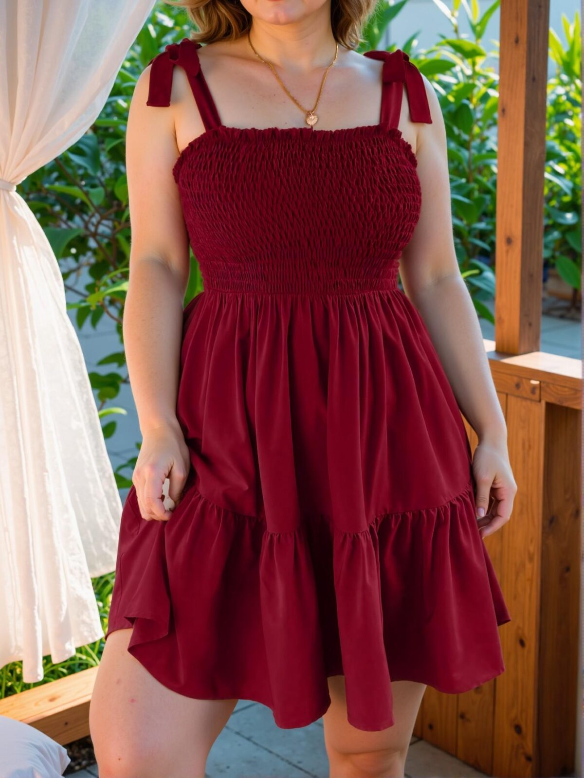 Elegant Burgundy Flounce Hem Tie-Up Strap Cami Dress for Plus Size Fashionistas - Chic, Classy and Trendy Style to Dress to Impress - Image 5