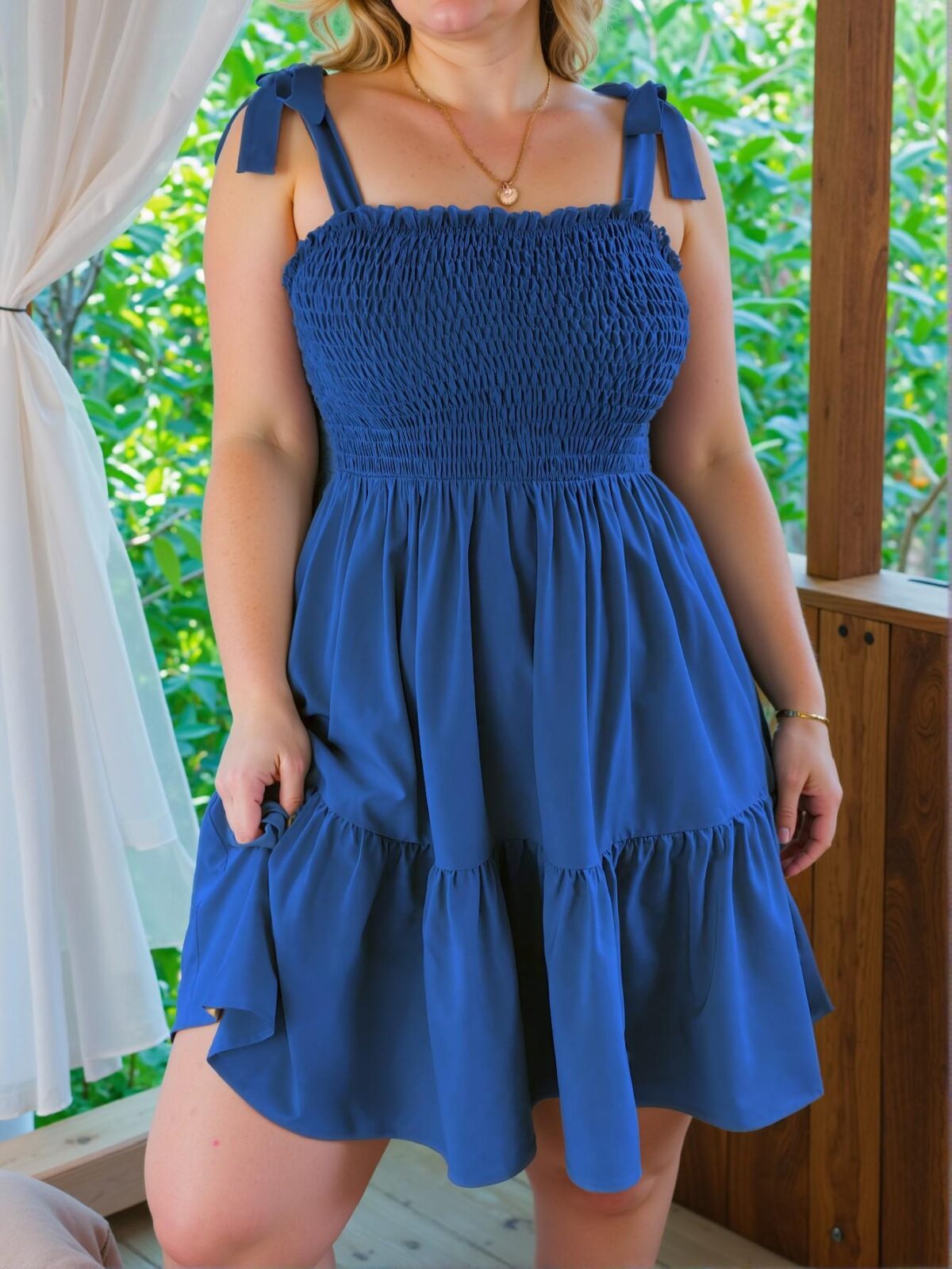 Elegant Royal Blue Casual Cami Tie-Up Dress with Ruffle Hem for a Chic, Classy and Trendy Fashion Style to Dress to Impress - Image 4
