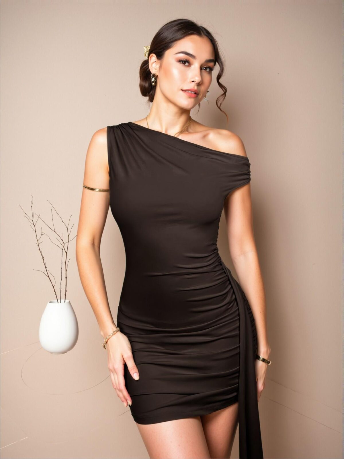 Elegant Coffee Brown Slinky Asymmetrical Ruched Mini Dress for a Night Out or Wedding: Chic, Classy and Trendy Fashion Style to Dress to Impress - Image 5