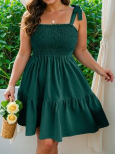 Elegant Dark Green Flounce Hem Cami Dress with Tie Waist Detailing - Chic, Classy and Trendy Fashion Style to Dress to Impress