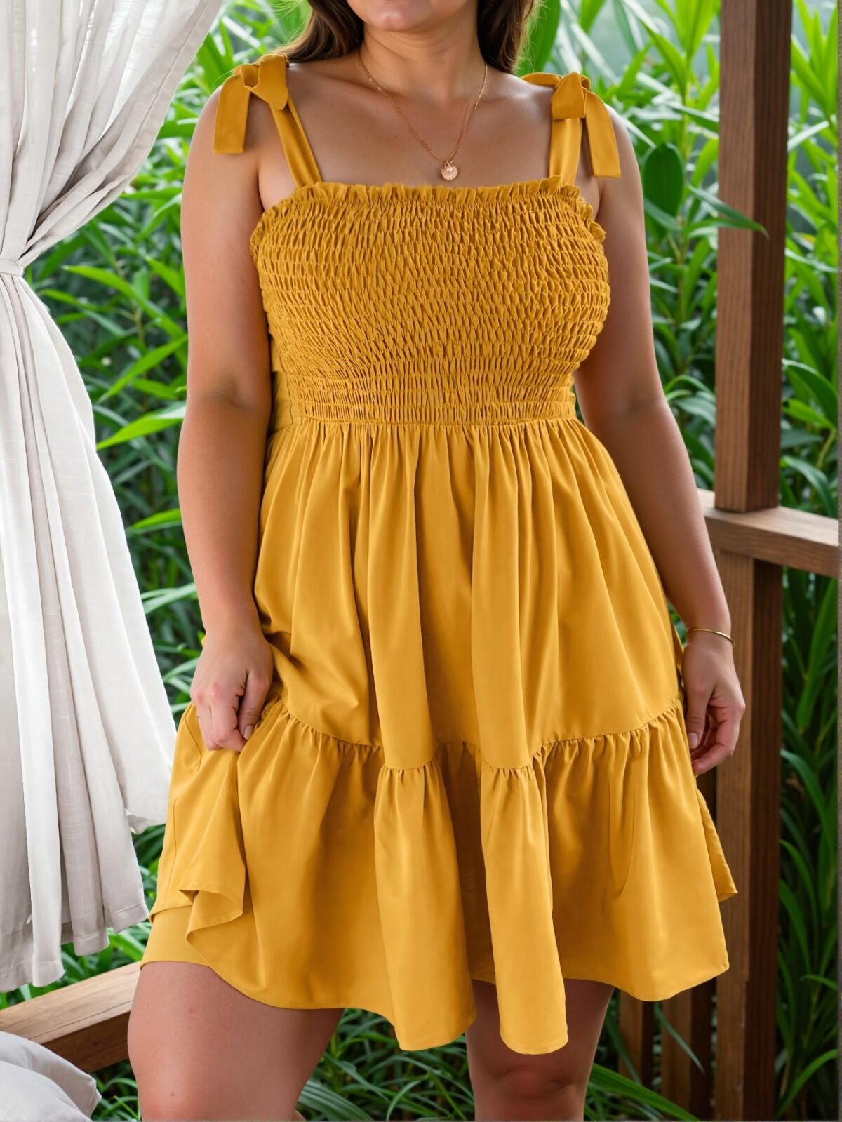 Elegant Mustard Yellow Chic Tied Cami Dress with Flounce Hem - Classy and Trendy Fashion Style to Dress to Impress - Image 4