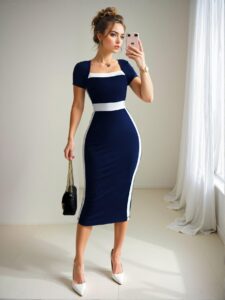 Elegant Navy Blue Contrast Color Bodycon Dress with Square Neck and Short Sleeves - Chic, Classy and Trendy Fashion Style to Dress to Impress