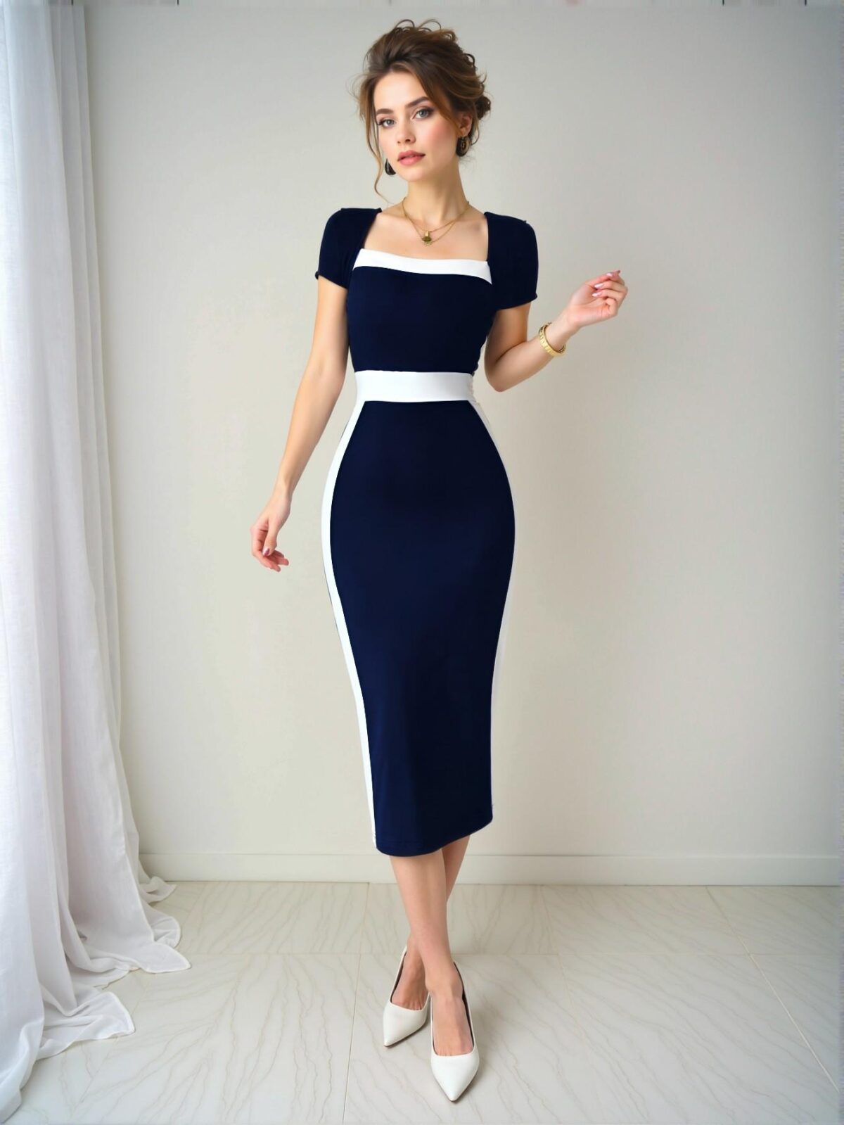 Elegant Navy Blue Contrast Color Bodycon Dress with Square Neck and Short Sleeves - Chic, Classy and Trendy Fashion Style to Dress to Impress - Image 3