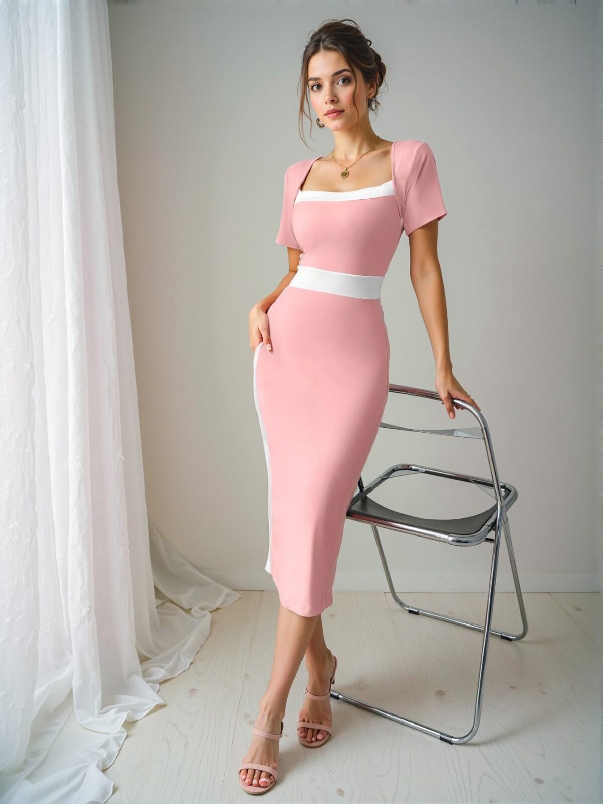 Elegant Baby Pink Sophisticated Colorblock Fitted Square Neck Dress - Chic, Classy and Trendy Fashion Style to Dress to Impress