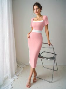Elegant Baby Pink Sophisticated Colorblock Fitted Square Neck Dress - Chic, Classy and Trendy Fashion Style to Dress to Impress