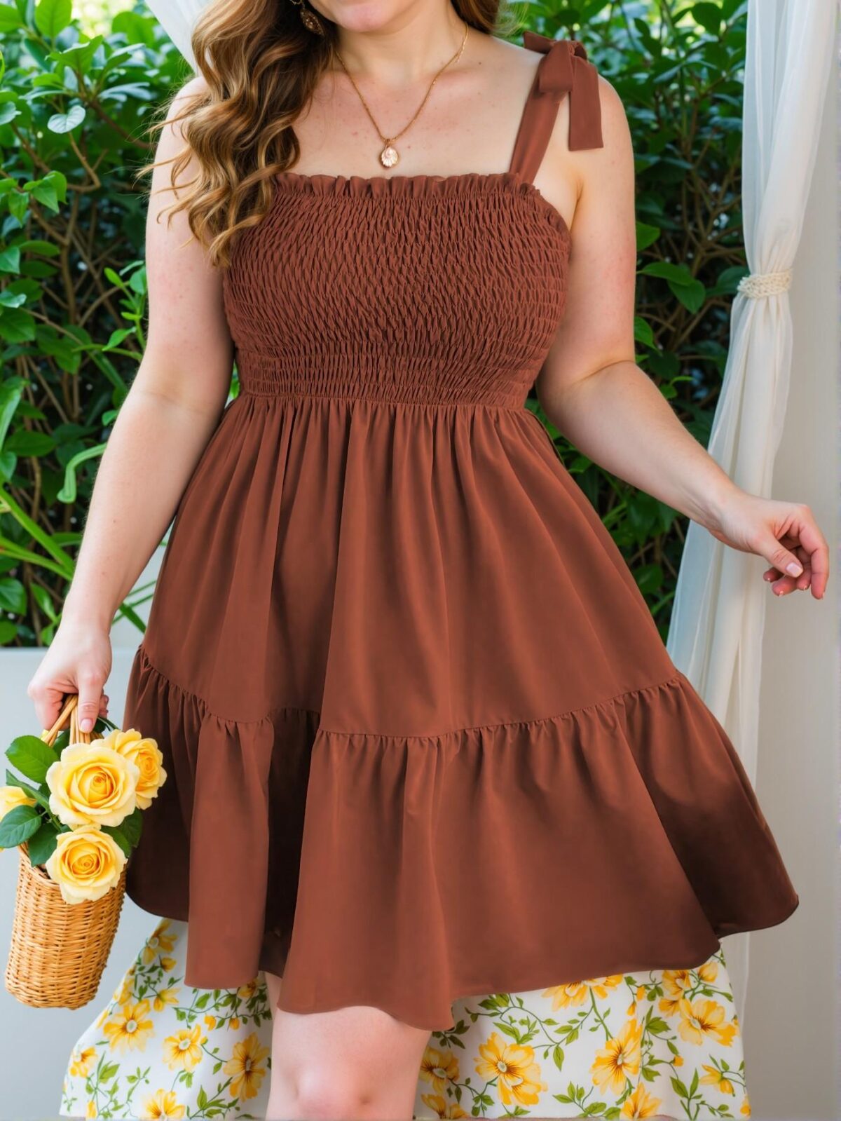 Elegant Rust Brown Flirty Tied Strap Dress for Summer Celebrations - Chic, Classy, and Trendy Fashion Style to Dress to Impress - Image 5