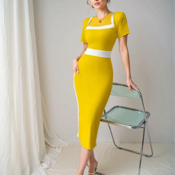 Elegant Yellow Colorblock Bodycon Dress with Square Neckline for Chic, Classy and Trendy Fashion Style to Dress to Impress