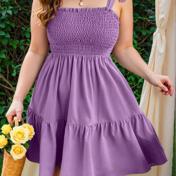 Elegant Mauve Purple Stylish Plus Size Casual Cami Dress with Tie Straps and Ruffle Hem for Effortless Summer Chic, Classy and Trendy Fashion Style to Dress to Impress