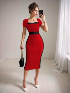 Elegant Red Fashion-Forward Colorblock Bodycon Midi Dress for Summer Delight "Chic, Classy and Trendy Fashion Style to Dress to Impress"