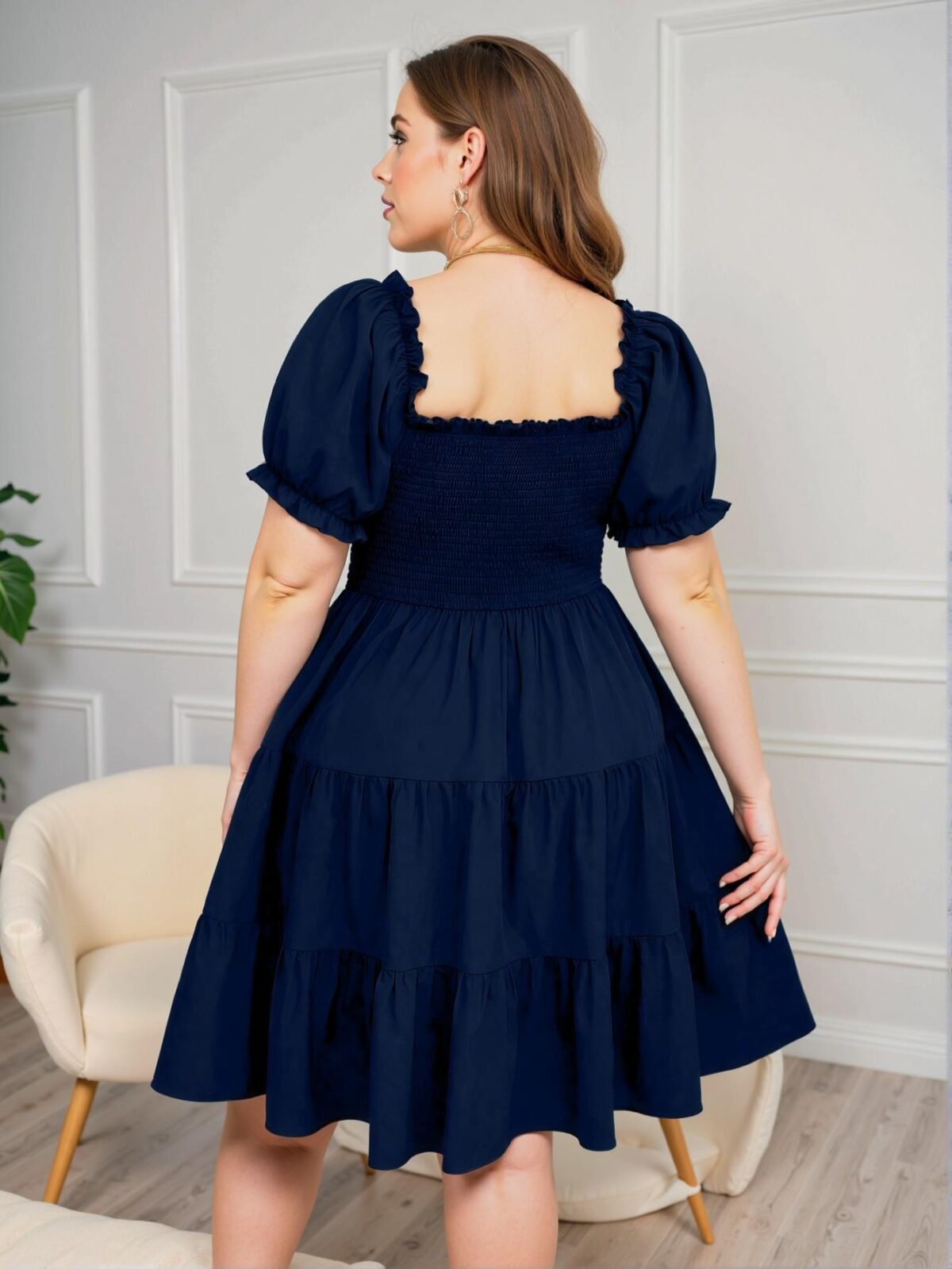 Elegant Navy Blue Casual Dress with Ruffle Trim and Puff Sleeves for a Chic, Classy, and Trendy Fashion Style to Dress to Impress - Image 2
