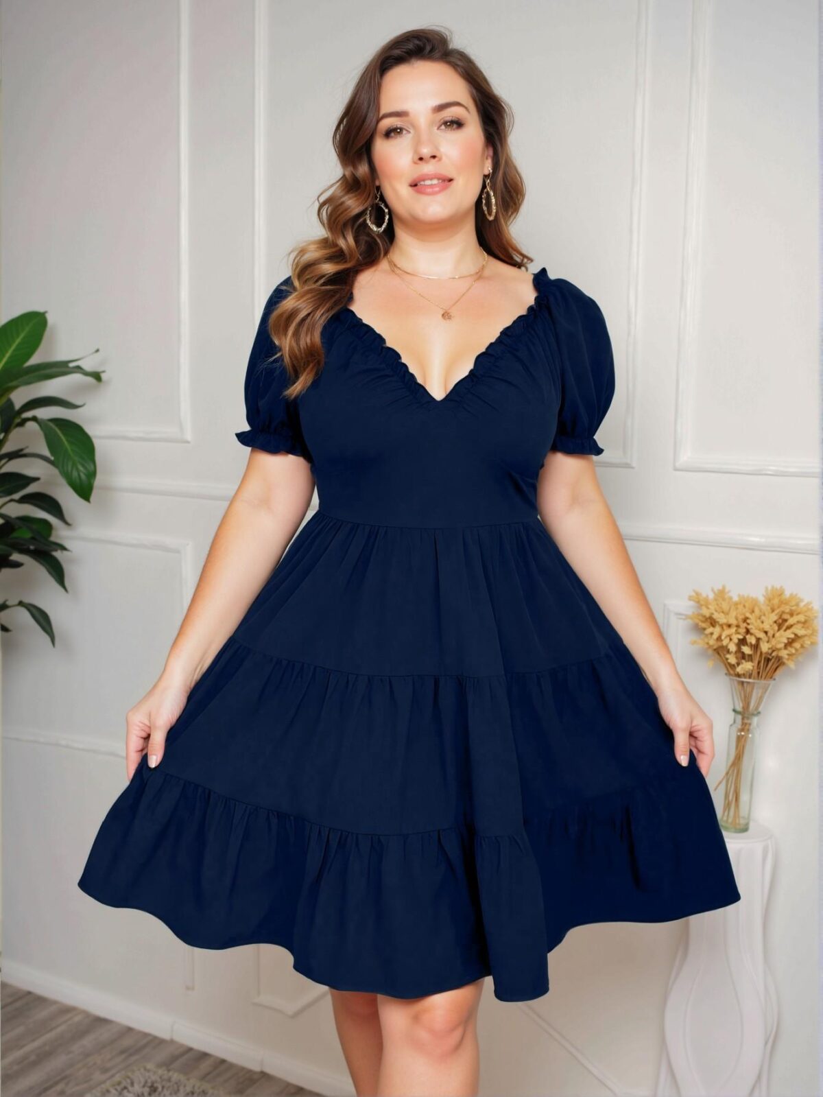Elegant Navy Blue Casual Dress with Ruffle Trim and Puff Sleeves for a Chic, Classy, and Trendy Fashion Style to Dress to Impress - Image 3