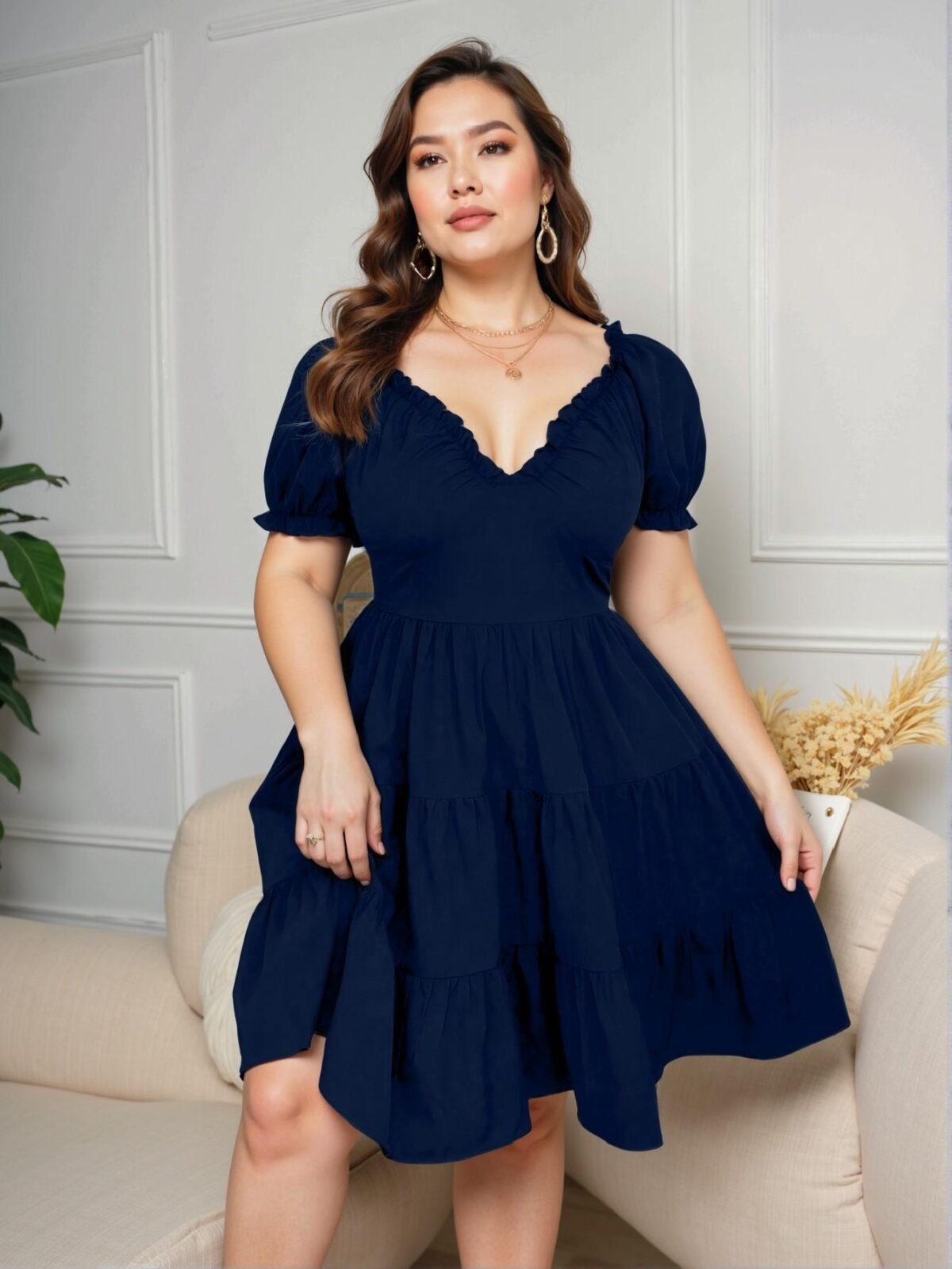 Elegant Navy Blue Casual Dress with Ruffle Trim and Puff Sleeves for a Chic, Classy, and Trendy Fashion Style to Dress to Impress - Image 4
