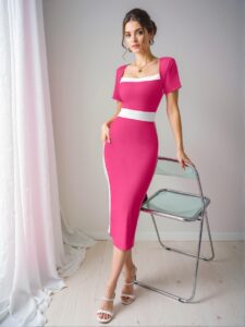 Elegant Hot Pink Fitted Square Neck Color-Blocking Dress - Chic, Classy and Trendy Fashion Style to Dress to Impress