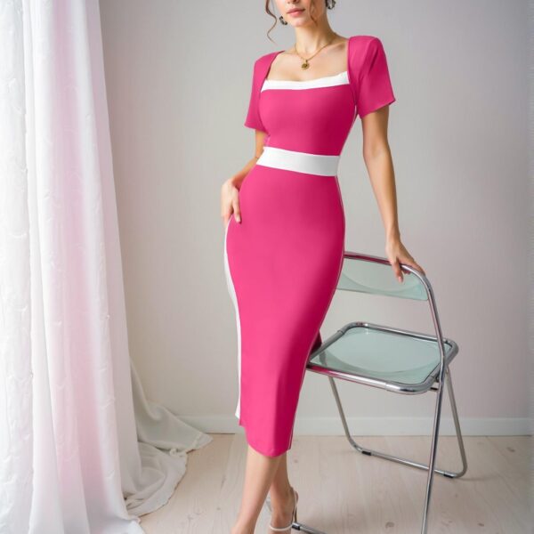 Elegant Hot Pink Fitted Square Neck Color-Blocking Dress - Chic, Classy and Trendy Fashion Style to Dress to Impress
