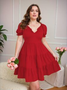 Elegant Red Stylish Lace Bubble Sleeve Plus Size Dress for New Year Celebrations - Chic, Classy and Trendy Fashion Style to Dress to Impress