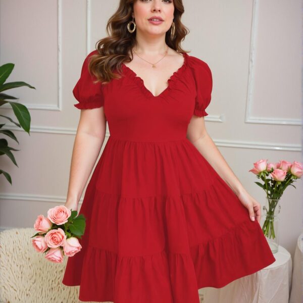Elegant Red Stylish Lace Bubble Sleeve Plus Size Dress for New Year Celebrations - Chic, Classy and Trendy Fashion Style to Dress to Impress