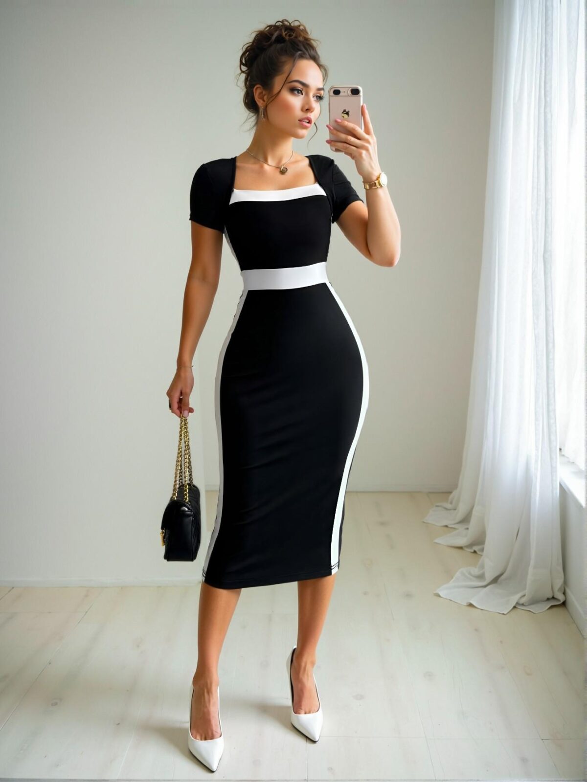 Elegant Black and White Colorblock Bodycon Mini Dress with Square Neck and Short Sleeves - Chic, Classy and Trendy Fashion Style to Dress to Impress