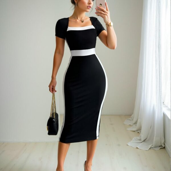 Elegant Black and White Colorblock Bodycon Mini Dress with Square Neck and Short Sleeves - Chic, Classy and Trendy Fashion Style to Dress to Impress