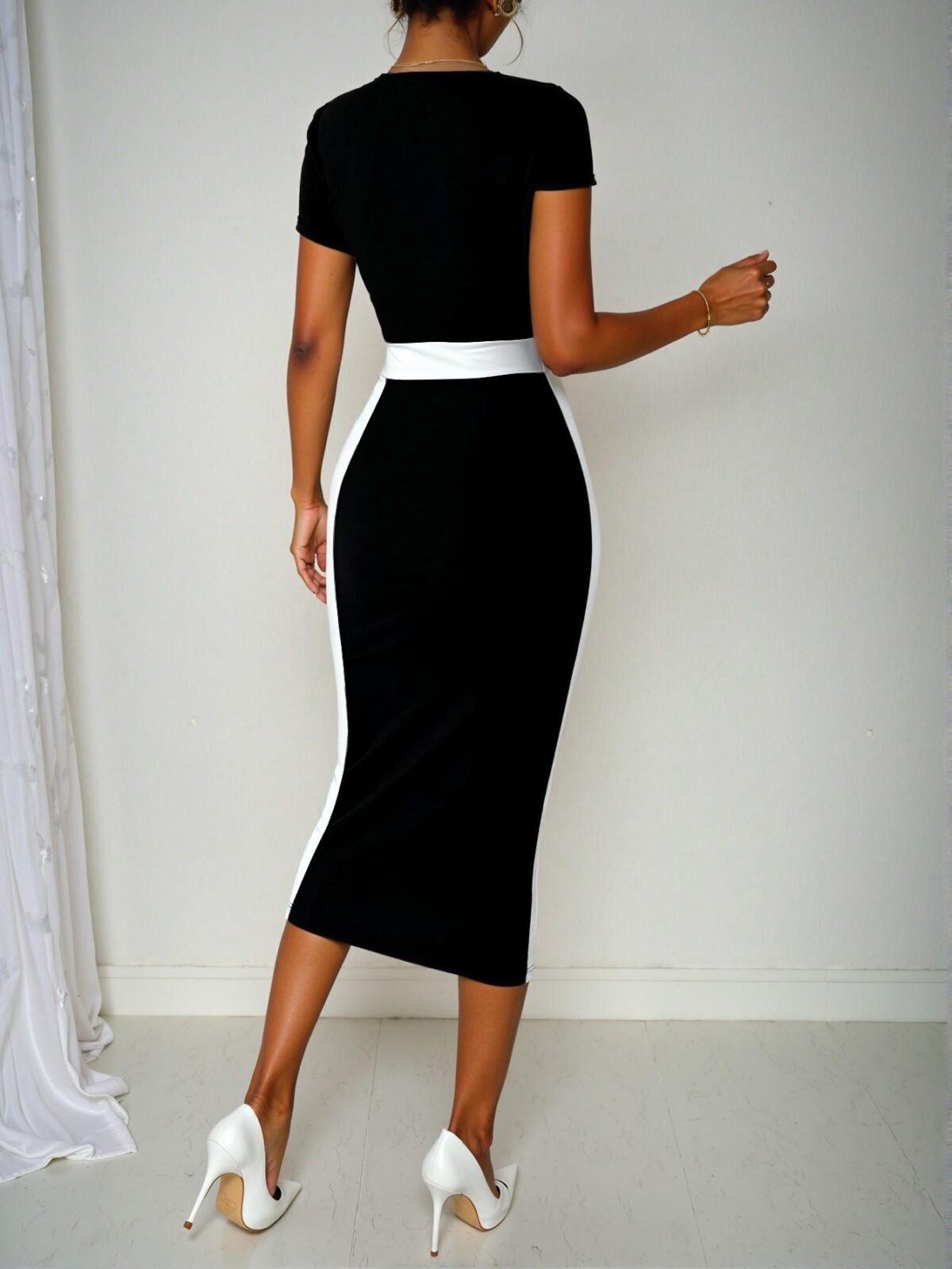 Elegant Black and White Colorblock Bodycon Mini Dress with Square Neck and Short Sleeves - Chic, Classy and Trendy Fashion Style to Dress to Impress - Image 2