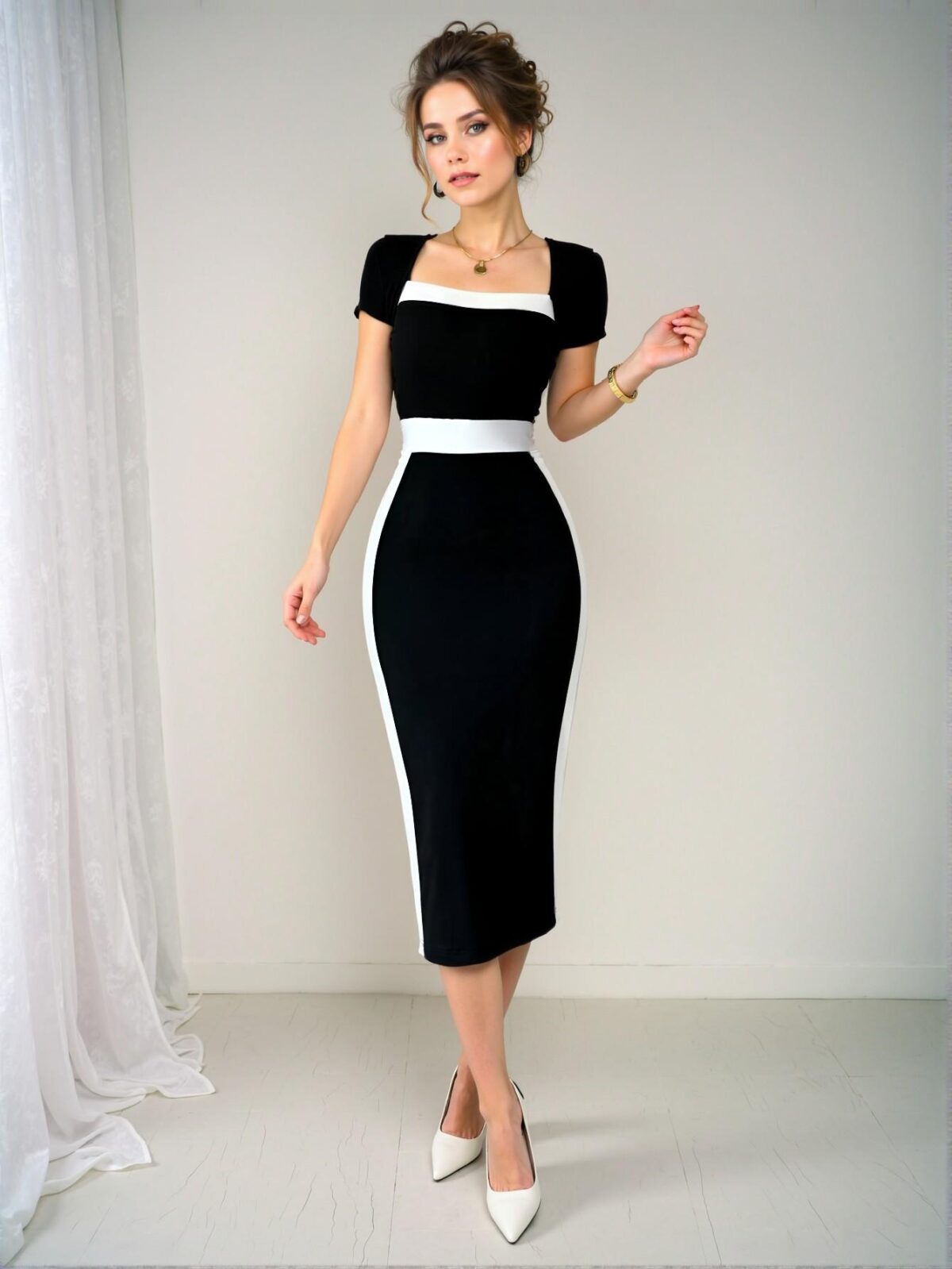 Elegant Black and White Colorblock Bodycon Mini Dress with Square Neck and Short Sleeves - Chic, Classy and Trendy Fashion Style to Dress to Impress - Image 4