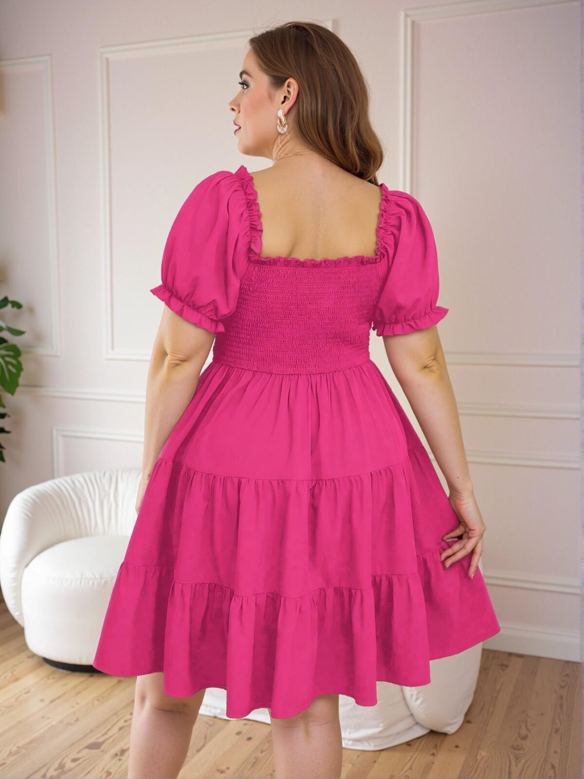 Elegant Hot Pink Flounce Hem Plus Size V-Neck Ruffle Dress Chic, Classy and Trendy Fashion Style to Dress to Impress - Image 2