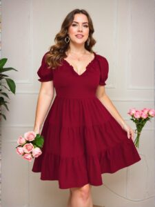 Elegant Burgundy Ruffled Sweetheart Neckline A-Line Dress with Short Puff Sleeves and Flounce Hem "Chic, Classy and Trendy Fashion Style to Dress to Impress"