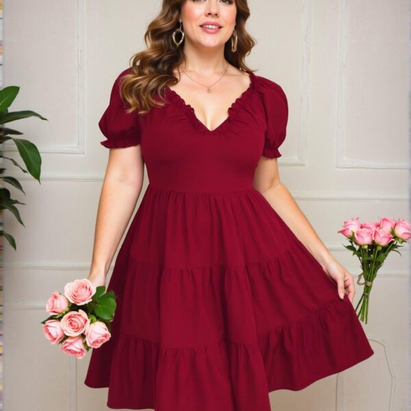 Elegant Burgundy Ruffled Sweetheart Neckline A-Line Dress with Short Puff Sleeves and Flounce Hem "Chic, Classy and Trendy Fashion Style to Dress to Impress"