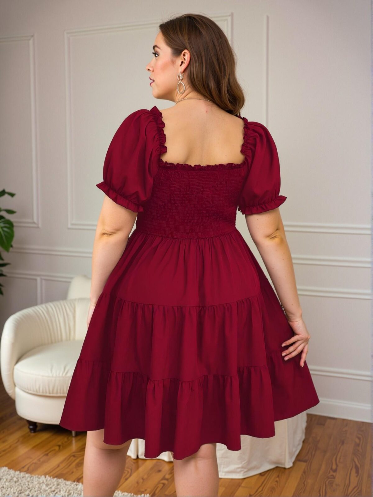 Elegant Burgundy Ruffled Sweetheart Neckline A-Line Dress with Short Puff Sleeves and Flounce Hem "Chic, Classy and Trendy Fashion Style to Dress to Impress" - Image 2