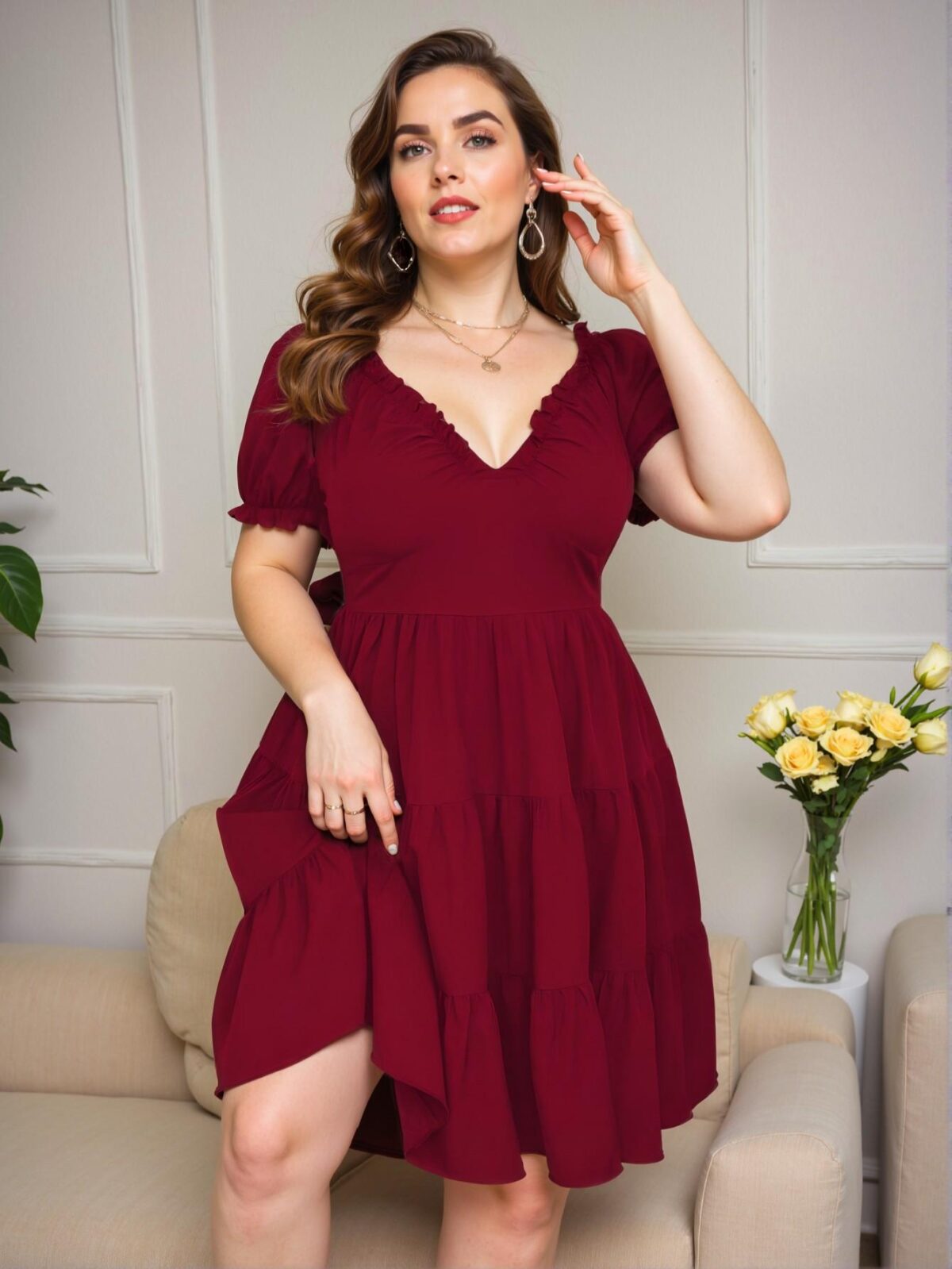 Elegant Burgundy Ruffled Sweetheart Neckline A-Line Dress with Short Puff Sleeves and Flounce Hem "Chic, Classy and Trendy Fashion Style to Dress to Impress" - Image 3