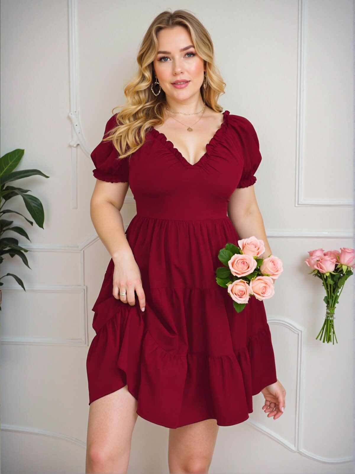 Elegant Burgundy Ruffled Sweetheart Neckline A-Line Dress with Short Puff Sleeves and Flounce Hem "Chic, Classy and Trendy Fashion Style to Dress to Impress" - Image 4
