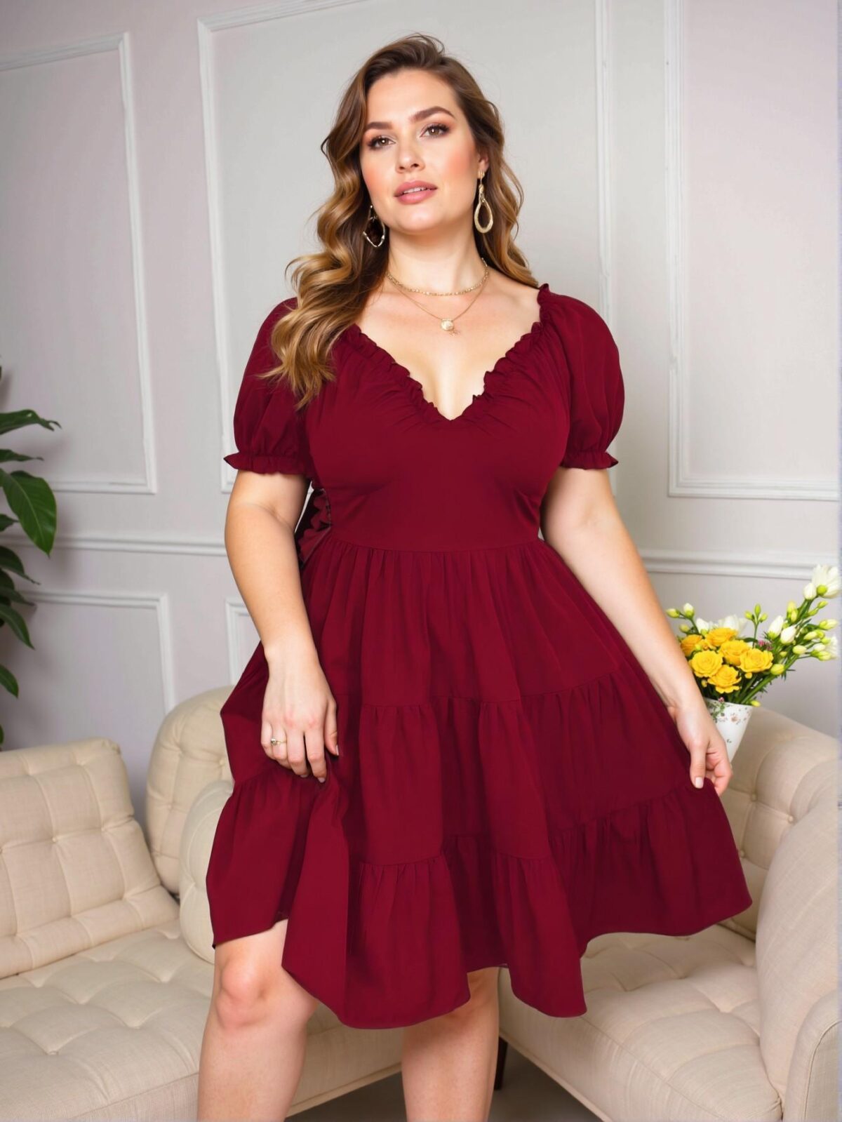 Elegant Burgundy Ruffled Sweetheart Neckline A-Line Dress with Short Puff Sleeves and Flounce Hem "Chic, Classy and Trendy Fashion Style to Dress to Impress" - Image 5