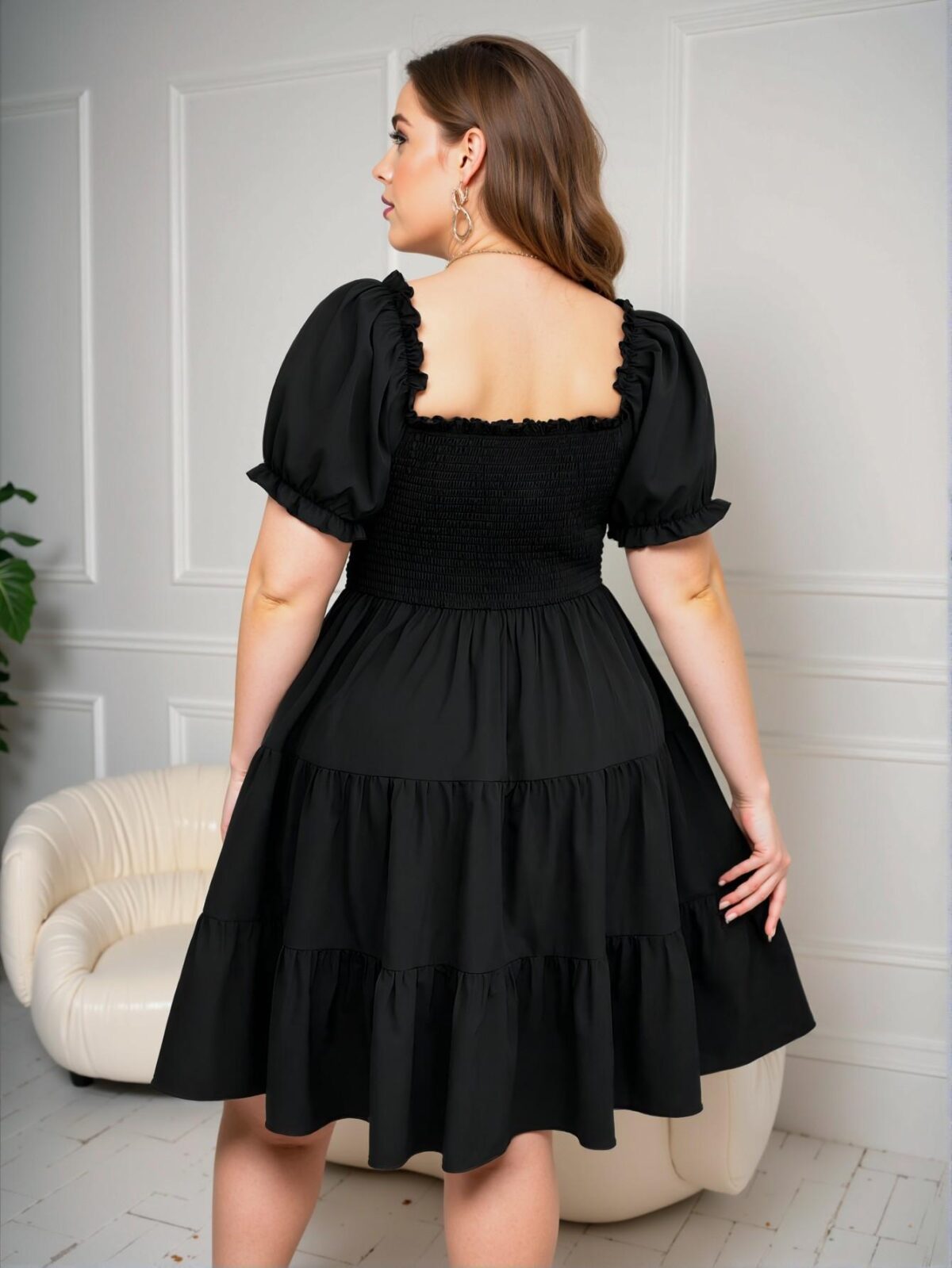 Elegant Black A-Line Plus Size Puff Sleeve Dress with V-Neck - Chic, Classy and Trendy Fashion Style to Dress to Impress - Image 2