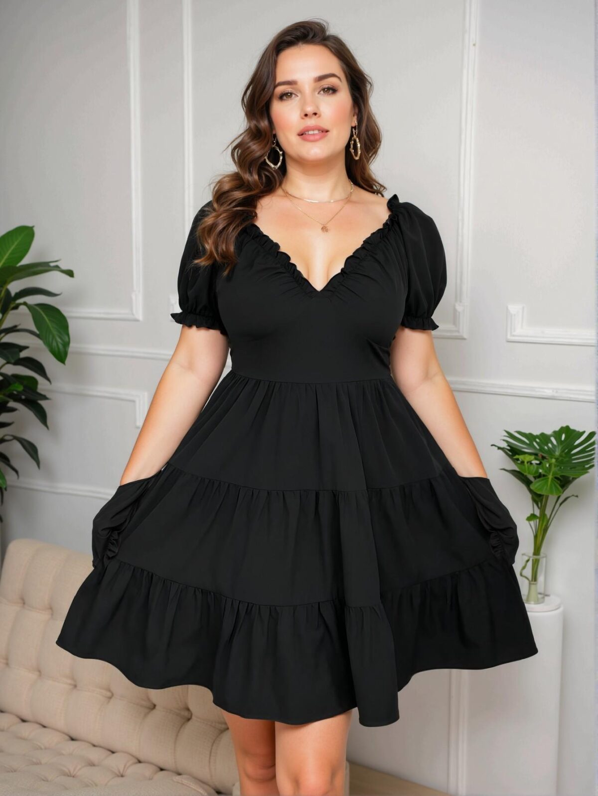 Elegant Black A-Line Plus Size Puff Sleeve Dress with V-Neck - Chic, Classy and Trendy Fashion Style to Dress to Impress - Image 4