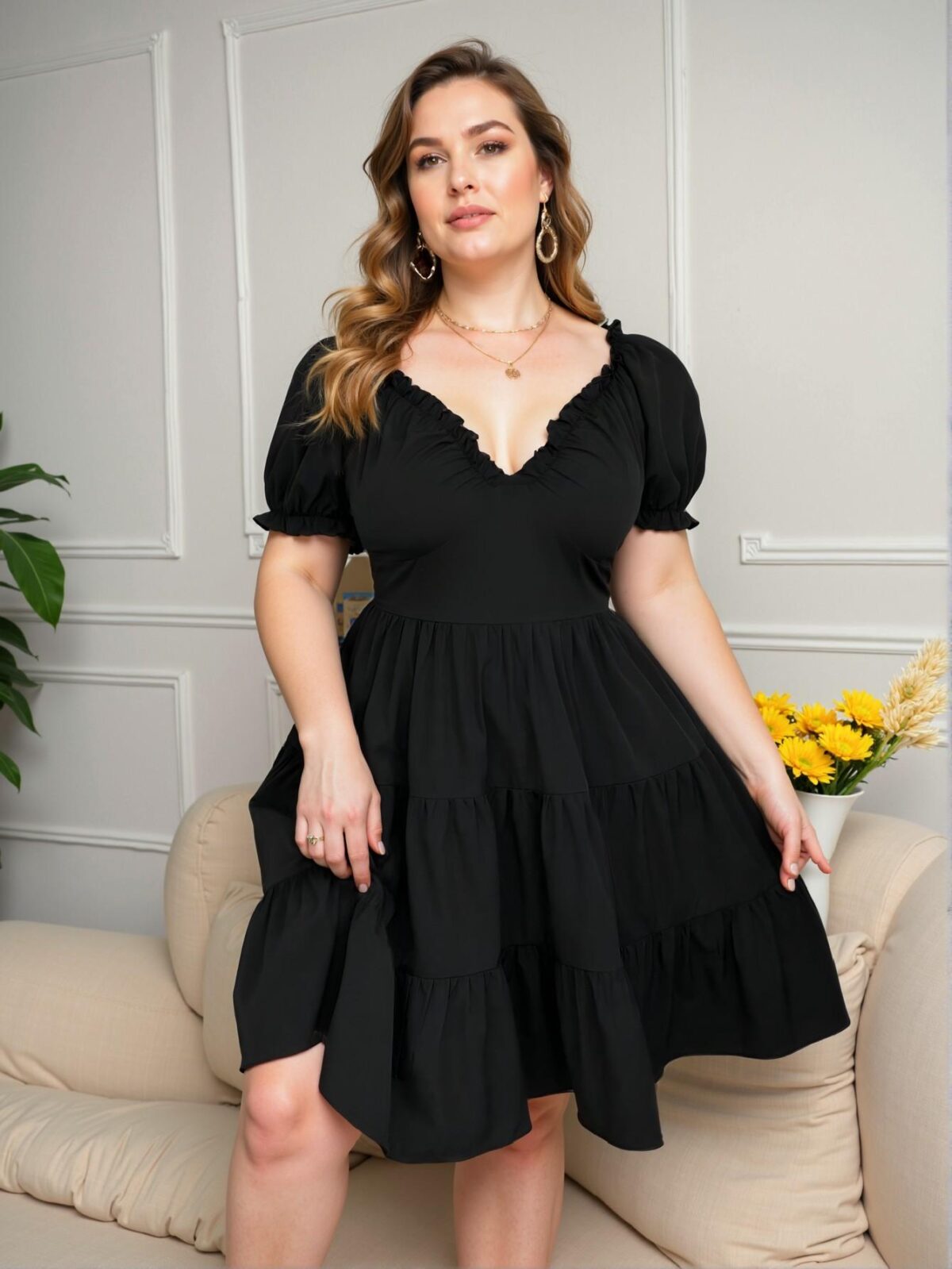 Elegant Black A-Line Plus Size Puff Sleeve Dress with V-Neck - Chic, Classy and Trendy Fashion Style to Dress to Impress - Image 5