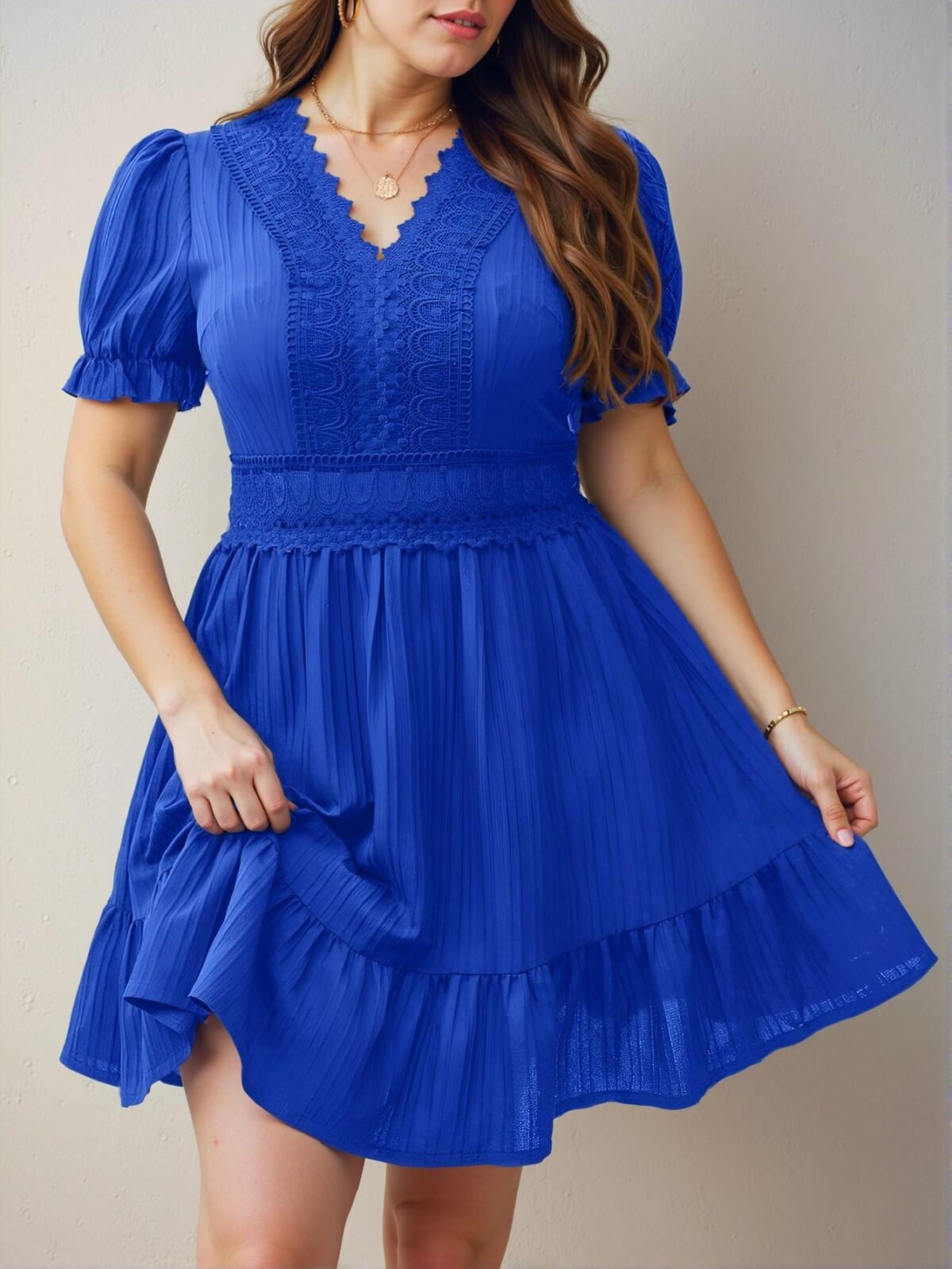 Elegant Royal Blue A-Line Summer Dress with Lace and Puff Sleeves - Chic, Classy and Trendy Fashion Style to Dress to Impress