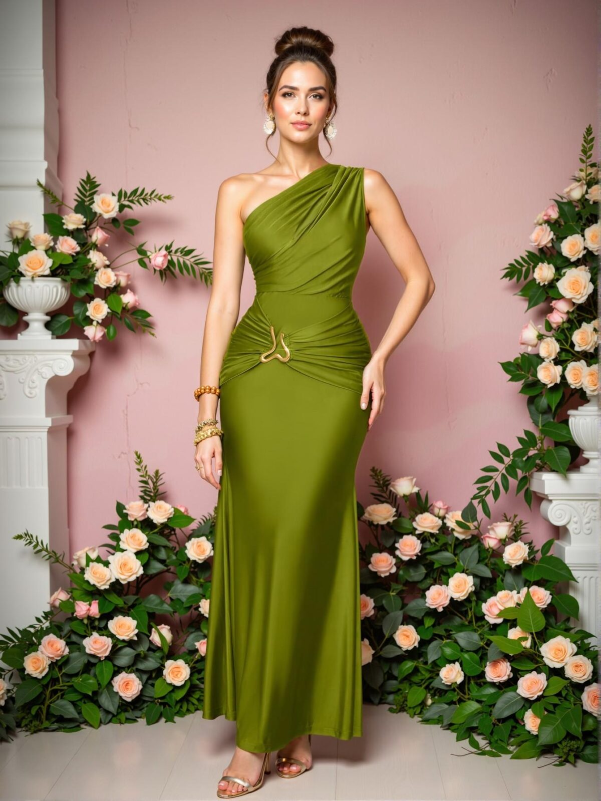 Elegant Olive Green Asymmetrical Neck Bodycon Maxi Dress with Metal Detail - Chic, Classy and Trendy Fashion Style to Dress to Impress