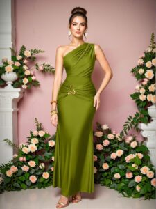 Elegant Olive Green Asymmetrical Neck Bodycon Maxi Dress with Metal Detail - Chic, Classy and Trendy Fashion Style to Dress to Impress