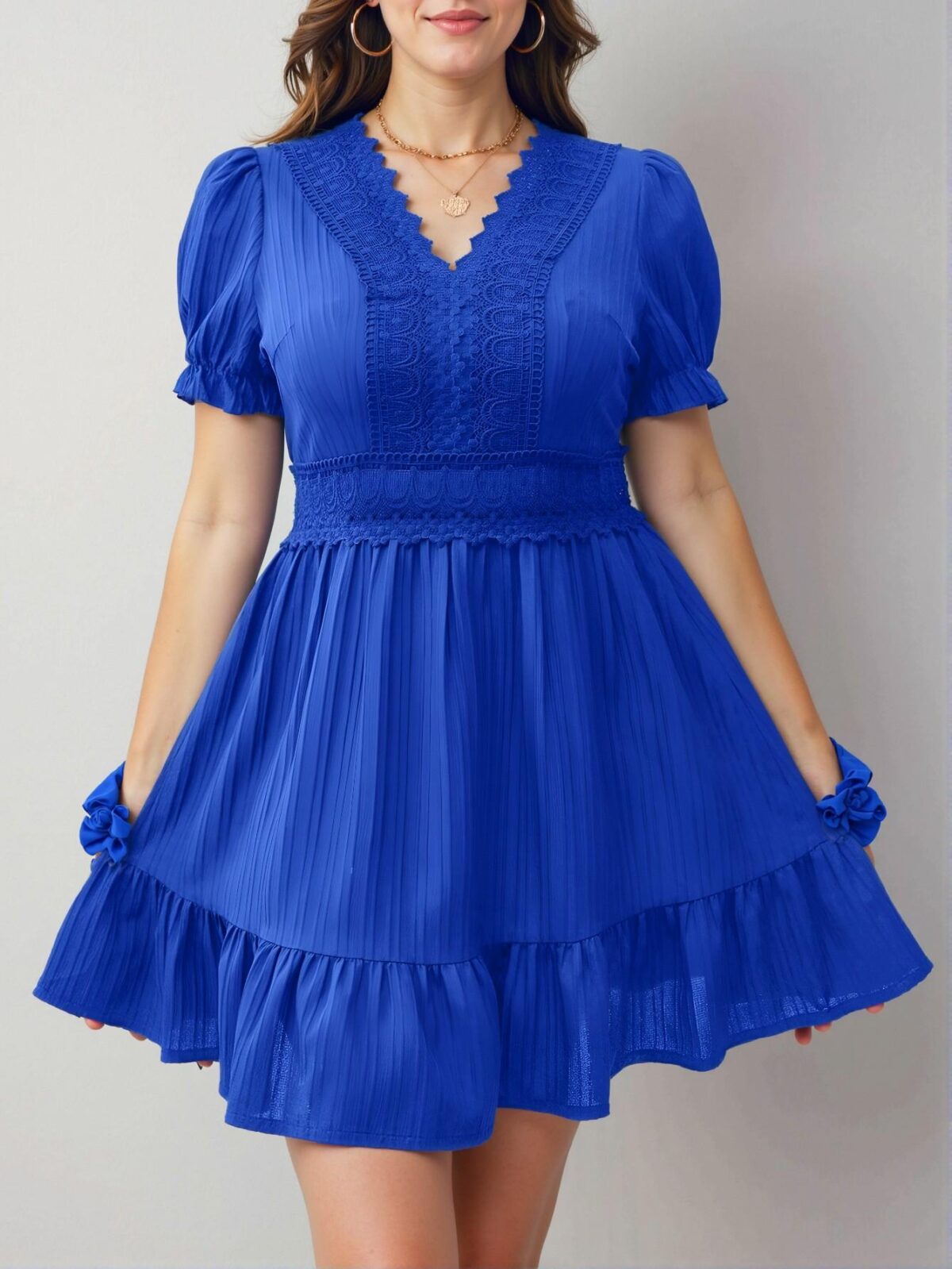 Elegant Royal Blue A-Line Summer Dress with Lace and Puff Sleeves - Chic, Classy and Trendy Fashion Style to Dress to Impress - Image 4