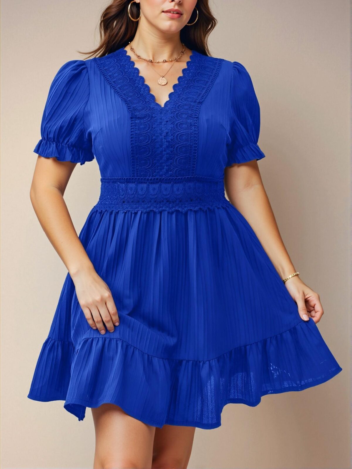 Elegant Royal Blue A-Line Summer Dress with Lace and Puff Sleeves - Chic, Classy and Trendy Fashion Style to Dress to Impress - Image 5