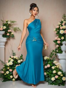 Elegant Teal Blue Bodycon Dress with Asymmetrical Neckline and Metal Accents for a Stunning Maxi Look - Chic, Classy and Trendy Fashion Style to Dress to Impress