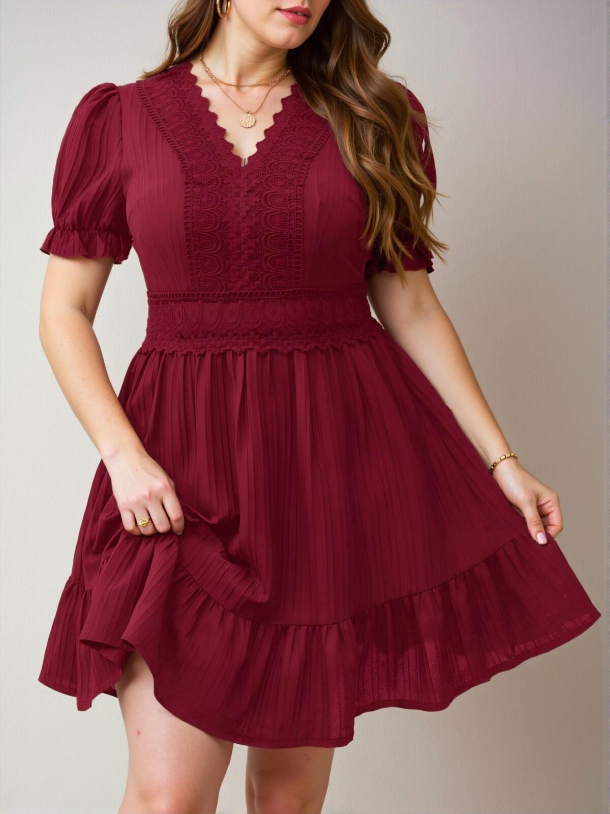 Elegant Red A-Line Summer Dress with Lace Patchwork and Puff Sleeves – Chic, Classy and Trendy Fashion Style to Dress to Impress