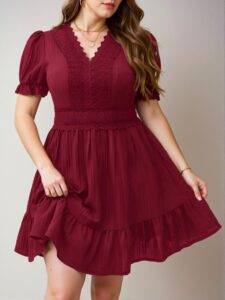Elegant Red A-Line Summer Dress with Lace Patchwork and Puff Sleeves – Chic, Classy and Trendy Fashion Style to Dress to Impress