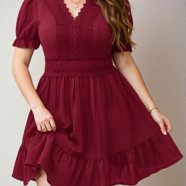 Elegant Red A-Line Summer Dress with Lace Patchwork and Puff Sleeves – Chic, Classy and Trendy Fashion Style to Dress to Impress